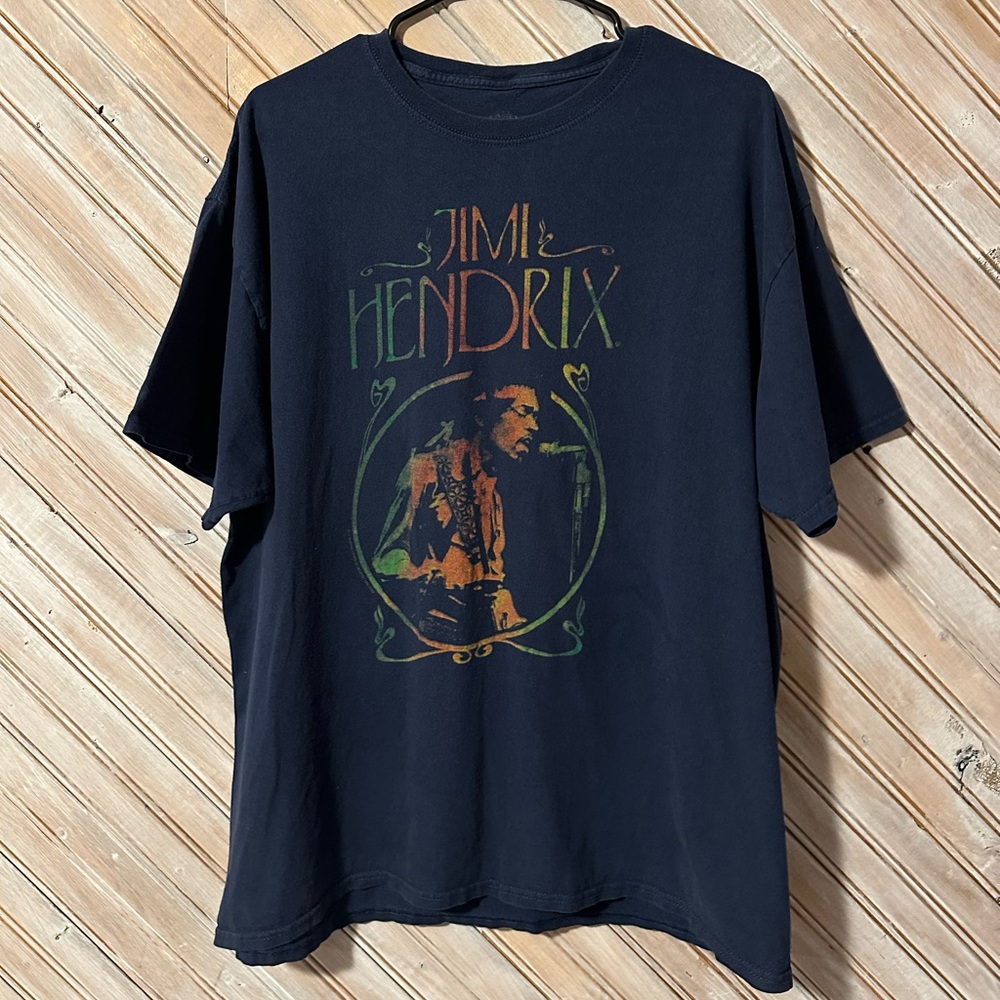 Jimi Hendrix Graphic Tee - Dark Navy Blue Rainbow Band Logo Tour T Shirt